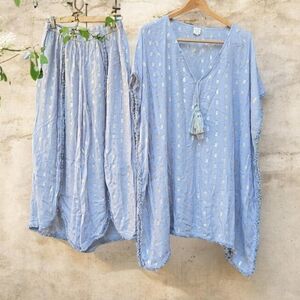 Surf Gypsy Light Blue 3 Piece Tunic Top Halter Pants Set with Tassels S M
